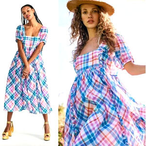 LoveShackFancy S Malibu Dream Plaid Kimball Midi Dress 100% Cotton Blue Pink